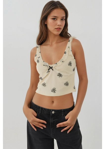 Kadın U Yaka Desenli Kısa Atlet Natural