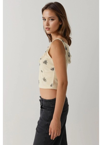 Kadın U Yaka Desenli Kısa Atlet Natural