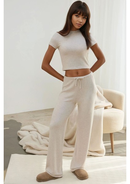 Kadın Bağcıklı Yumuşak Dokulu Örme Pantolon Krem Doğal