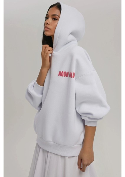 Kadın Oversize Baskılı Kapüşonlu Sweatshirt White fiyatları