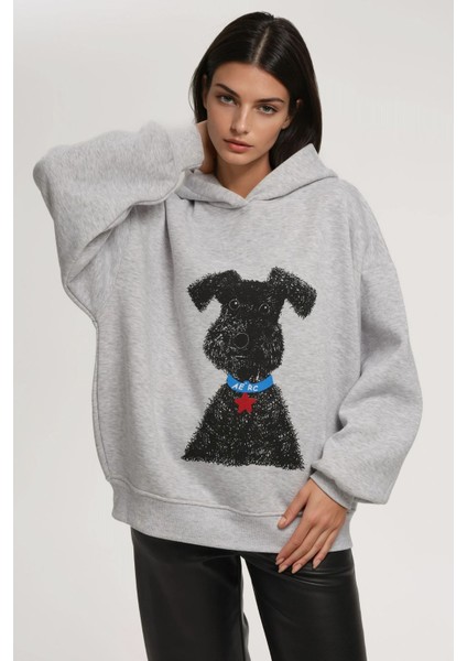 Kadın Oversize Baskılı Kapüşonlu Sweatshirt Gri