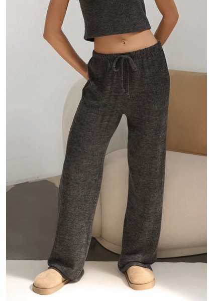 Kadın Bağcıklı Yumuşak Dokulu Örme Pantolon Koyu Gri fiyatları