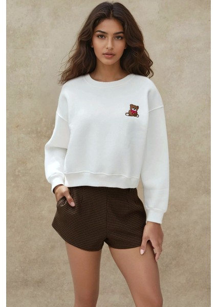 Kadın İşlemeli Rahat Kesim Pamuklu Sweatshirt White indirimleri