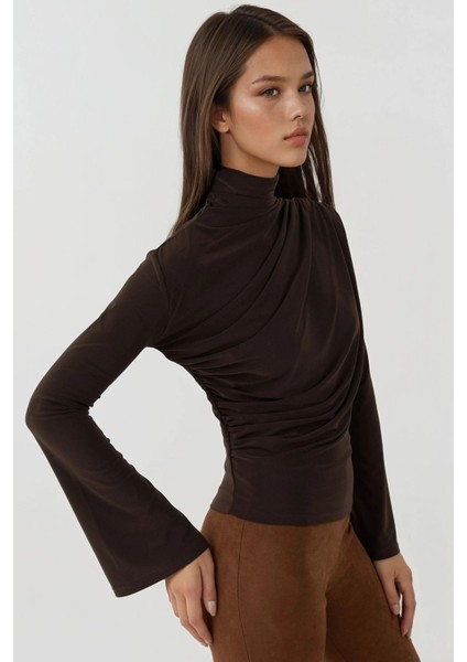 Kadın Şık Uzun Kollu Slim Fit Yuvarlak Yaka Üst Mocha Kahvesi modelleri