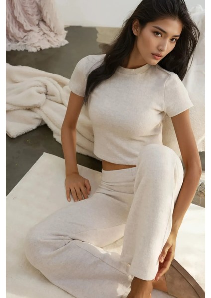 Kadın Slim Fit Triko Crop Bluz Natural