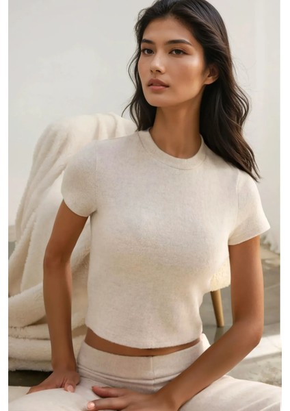 Kadın Slim Fit Triko Crop Bluz Natural fiyatları