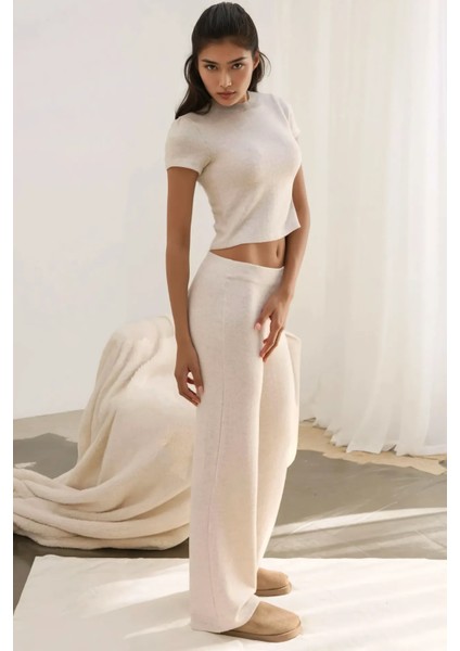 Kadın Slim Fit Triko Crop Bluz Natural