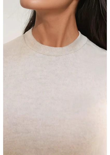 Kadın Slim Fit Triko Crop Bluz Natural