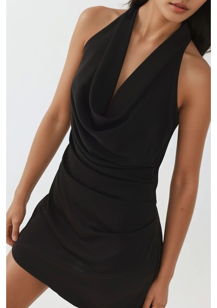 Kadın Degaje Yakalı Drape Detaylı Mini Elbise Siyah fiyatları