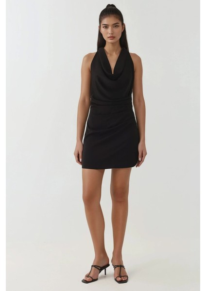 Kadın Degaje Yakalı Drape Detaylı Mini Elbise Siyah indirimleri