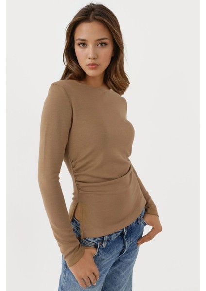 Kadın Büzgülü Uzun Kollu Üst Natural