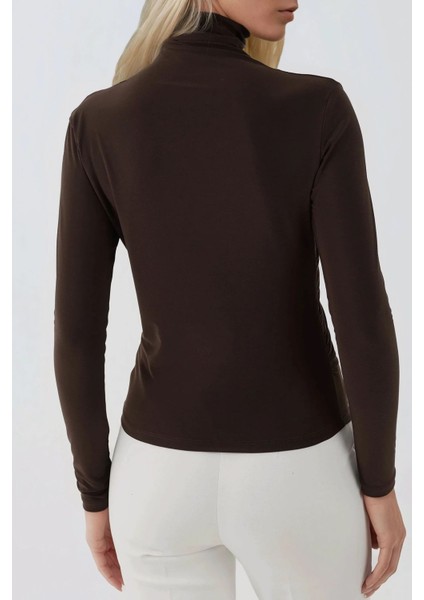 Kadın Şık Giyilebilir Uzun Kollu Örgü Üst Mocha Kahvesi