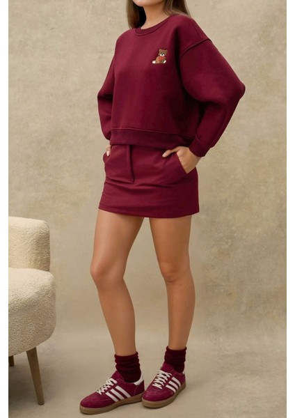 Kadın İşlemeli Rahat Kesim Pamuklu Sweatshirt Red