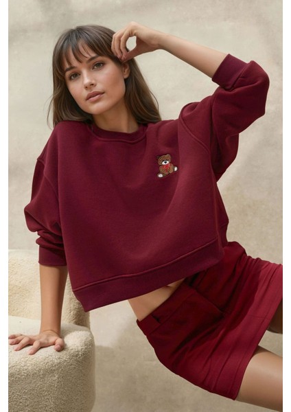 Kadın İşlemeli Rahat Kesim Pamuklu Sweatshirt Red