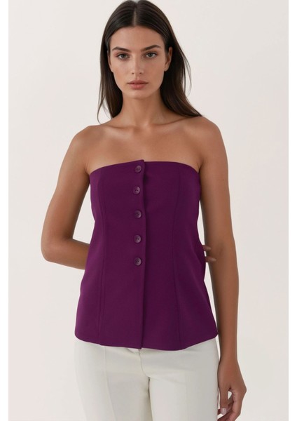 Kadın Straplez Düğmeli Fitted Üst Leylak Moru