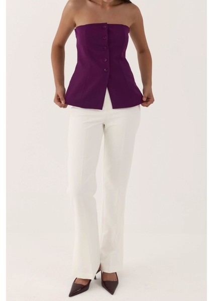 Kadın Straplez Düğmeli Fitted Üst Leylak Moru