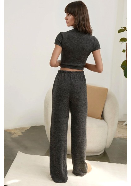 Kadın Bağcıklı Yumuşak Dokulu Örme Pantolon Koyu Gri modelleri
