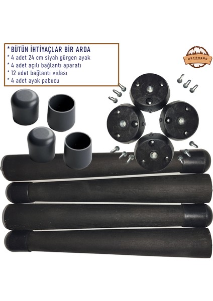 Doğal Ahşap Konik Mobilya Ayağı Siyah | Sehpa, Sandalye, Tabure | Çevir Tak Aparatlı