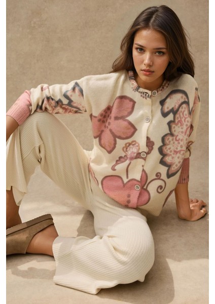 Kadın Çiçekli Jakarlı Hırka Natural