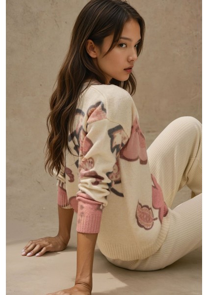 Kadın Çiçekli Jakarlı Hırka Natural fiyatları