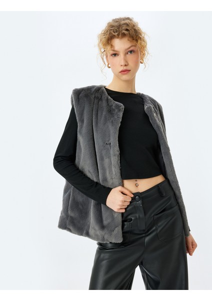 Suni Kürk Bisiklet Yaka Düğmeli Kolsuz Yelek