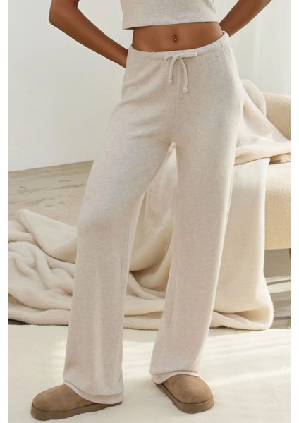 Kadın Bağcıklı Yumuşak Dokulu Örme Pantolon Krem Doğal