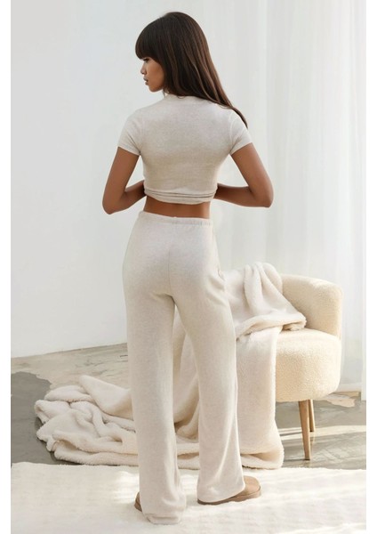Kadın Bağcıklı Yumuşak Dokulu Örme Pantolon Krem Doğal fırsatları