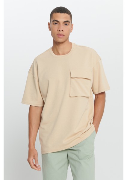 Erkek Bej Oversize Fit Bol Kesim Pamuklu Baskılı Bisiklet Yaka Tişört