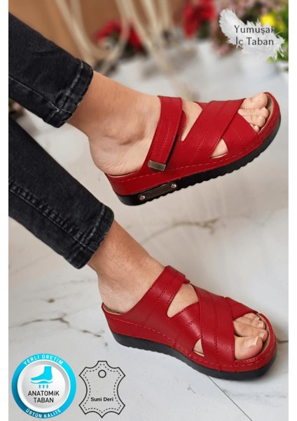 Budi Kadın Şık Konforlu Günlük Terlik Anatomik Ortopedik Taban Suni Deri Anne Dışarı Ev Terliği