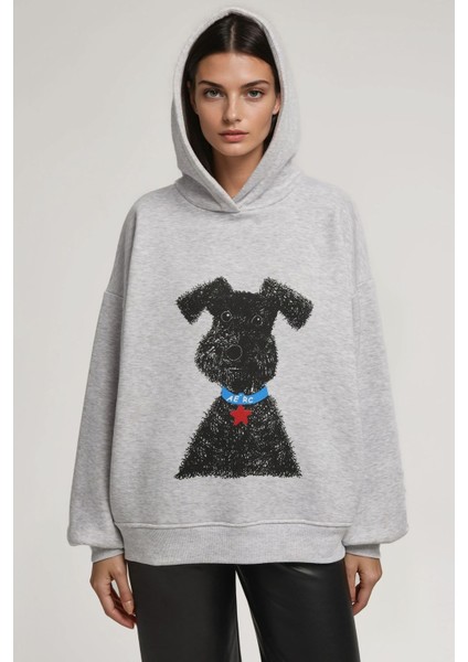 Kadın Oversize Baskılı Kapüşonlu Sweatshirt Gri