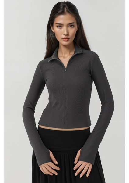 Kadın Fermuarlı Uzun Kollu Polo Aktif Üst Gri