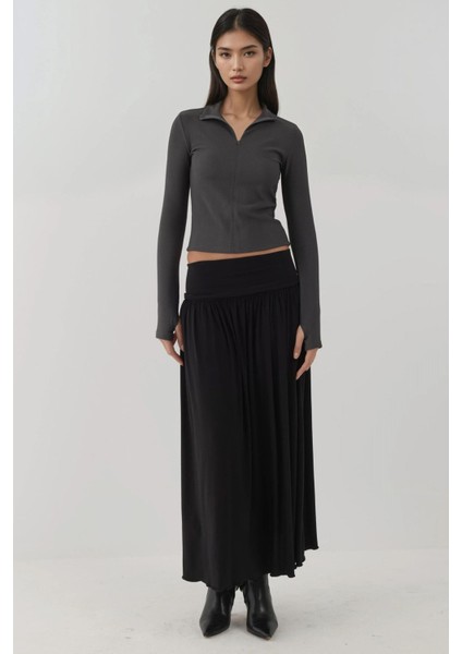 Kadın Fermuarlı Uzun Kollu Polo Aktif Üst Gri fiyatları