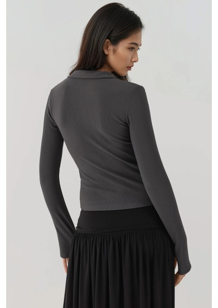 Kadın Fermuarlı Uzun Kollu Polo Aktif Üst Gri modelleri