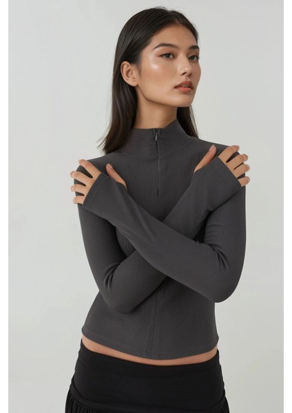 Kadın Fermuarlı Uzun Kollu Polo Aktif Üst Gri fırsatları