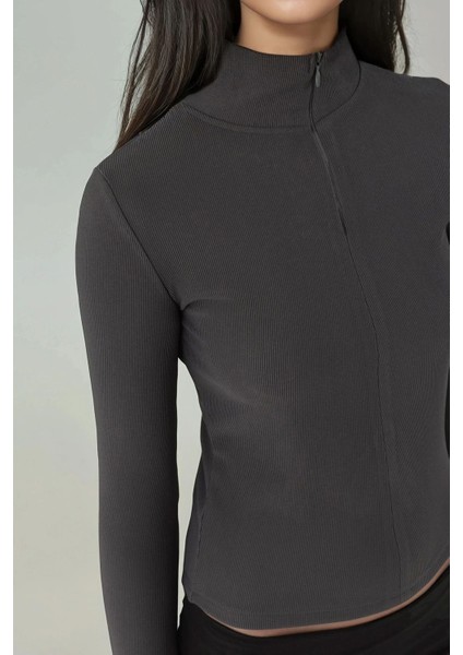 Kadın Fermuarlı Uzun Kollu Polo Aktif Üst Gri indirimleri