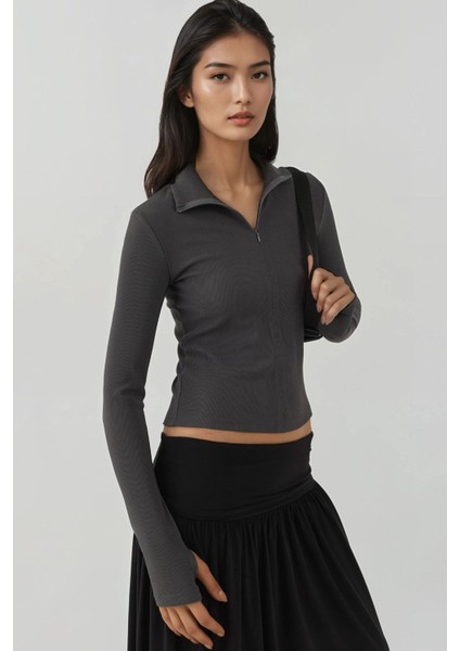 Kadın Fermuarlı Uzun Kollu Polo Aktif Üst Gri