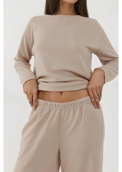 Kadın Yumuşak Dokulu Rahat Kesim Örme Pijama Takımı Natural fiyatları