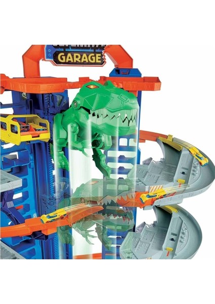 Ultimate Garage GJL14 Çok Katlı Garaj ve Robotik T-Rex Özellikli Dayanıklı Plastik Oyuncak Araba Seti – Çocuklar İçin