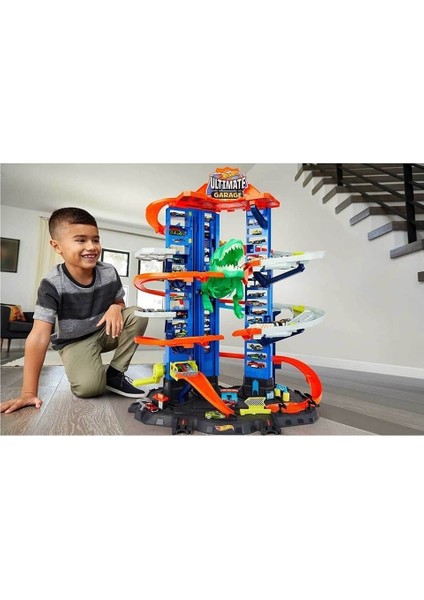 Ultimate Garage GJL14 Çok Katlı Garaj ve Robotik T-Rex Özellikli Dayanıklı Plastik Oyuncak Araba Seti – Çocuklar İçin