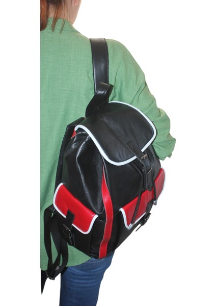 Hakiki Deri Sırt Çantası Siyah Kırmızı Beyaz Garnili 3 Cep Model ÇNTDRSYHKRMZBYZ3CEP01 Okulda,İşte,Kursta,Tatilde