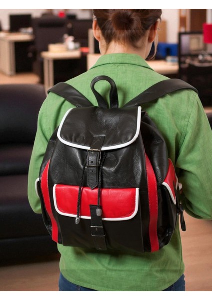 Hakiki Deri Sırt Çantası Siyah Kırmızı Beyaz Garnili 3 Cep Model ÇNTDRSYHKRMZBYZ3CEP01 Okulda,İşte,Kursta,Tatilde