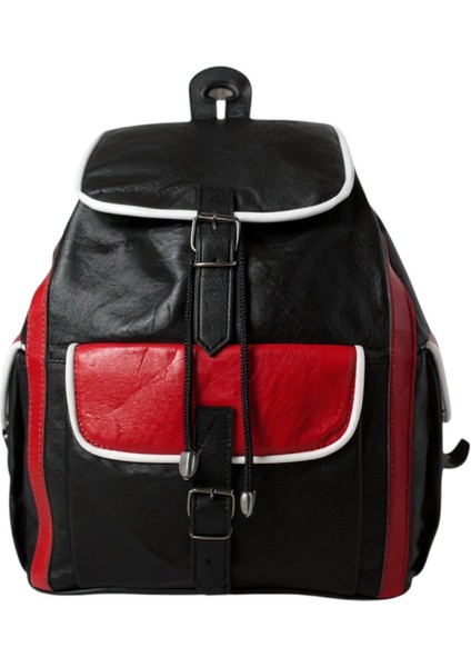 Hakiki Deri Sırt Çantası Siyah Kırmızı Beyaz Garnili 3 Cep Model ÇNTDRSYHKRMZBYZ3CEP01 Okulda,İşte,Kursta,Tatilde