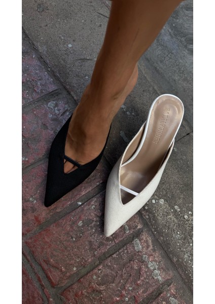 Sivri Burun Siyah Keten Dekolteli Topuklu Ayakkabı fiyatları