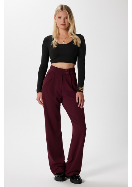 Likra Serisi Move Çift Düğmeli Esnek Bordo Palazzo Pantolon