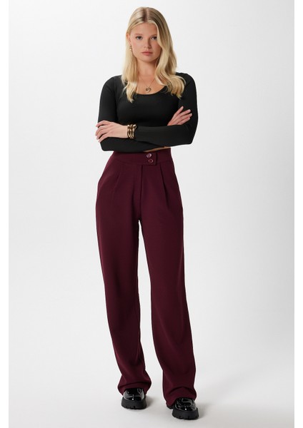 Likra Serisi Move Çift Düğmeli Esnek Bordo Palazzo Pantolon fiyatları