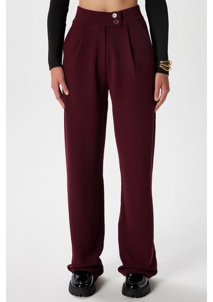 Likra Serisi Move Çift Düğmeli Esnek Bordo Palazzo Pantolon modelleri