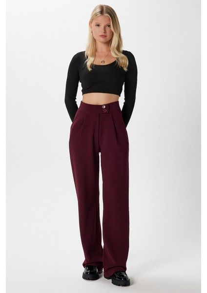 Likra Serisi Move Çift Düğmeli Esnek Bordo Palazzo Pantolon indirimleri