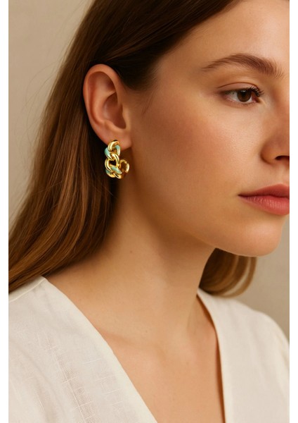 Zincir Model Renkli Mineli Halka Tasarım Kadın Çelik Küpe