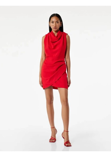 Drapeli Kolsuz Degaje Yaka Mini Kırmızı Kadın Elbise 6WAK80039UW