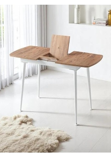 Milano Açılır Dikdörtgen Masa – Ceviz Desen, Beyaz Ayak, 80×125 → 165 Cm, 4–6 Kişilik (Sandalyesiz)